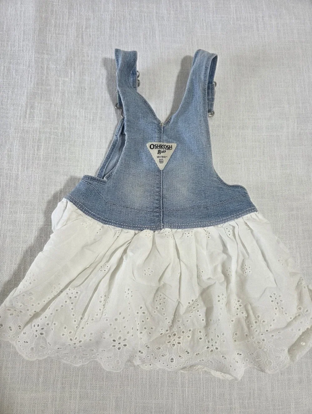 OshKosh B'gosh Light Blue Denim Bib with White Eyelet Skirt 2t Girls Toddler